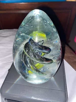 Vintage Collectible Glass Large Egg Shape Yellow/blue Swirl Paperweight • $75.99