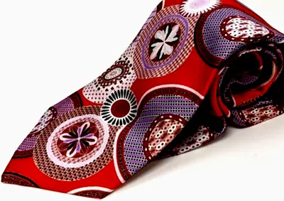 Bugatchi Italy Silk Necktie Red Lavender Bright Geometric Satin Weave 3.25 X 60 • $17.97