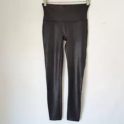 Spanx Black Faux Leather Leggings Pant  Size M Shapewear Shiny Moto • $24