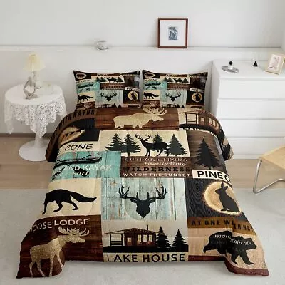 Hunting Woodland Animal Comforter Set Queen Rustic Fox Bear Deer Moose Beddin... • $84.14