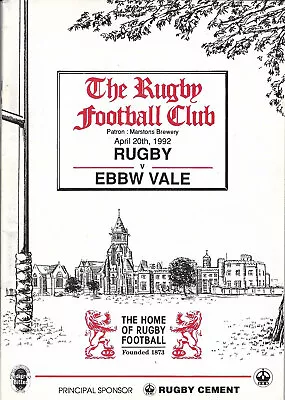 Rugby v Ebbw Vale 20 Apr 1992 Webb Ellis Road RUGBY PROGRAMME • £5.99