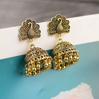 Vintage Gold Peacock Tassel Ethnic Gypsy Earrings Jhumka Bell Wedding Indian • $2.46