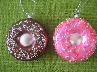 TWO Mrs. Claus Bakery Glass Donut Shaped Ornaments 4  Chocolate & Strawberry NEW • $9.95