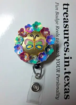 Mixed Media Butterfly With Iridescent Flowers Retractable Reel ID Badge Holder • $11.21