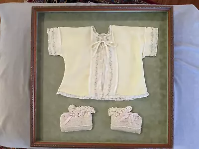 Beautiful Wooden Shadowbox A Pair Of Crochet Baby Booties & Yellow Shirt • $28