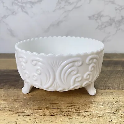 Vintage Indiana Milk Glass Large Heavy Embossed Footed Oval Fruit Bowl • $48.96