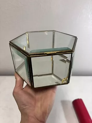 Vtg Brass & Beveled Glass Jewelry Display Box Hexagon Chain Lid Mirror Bottom • $30