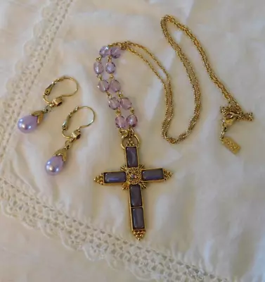 1928 Vintage Cross Pendant Crystal Chain Necklace And Earrings Set • $48