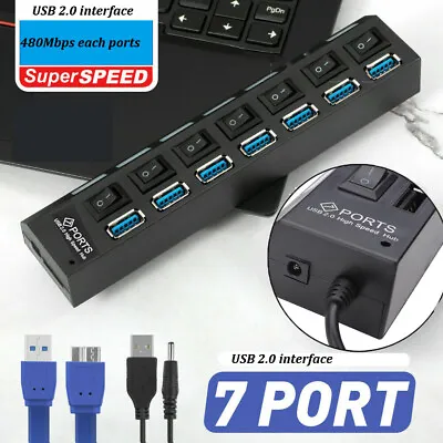 $15.10 • Buy 7 Ports USB Hub Splitter With On/Off Switches Long Cord For Laptop Desktop