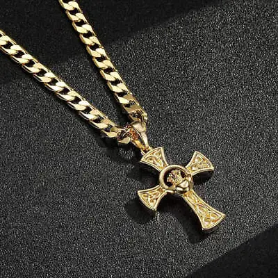Gold 18ct GF Cross Necklace Genuine Gold Filled Celtic Claddagh Cross Pendant • £39.99