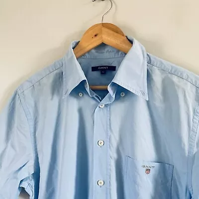 Gant Washer Poplin Shirt Mens Blue M Button Down Short Sleeve Lightweight • £9