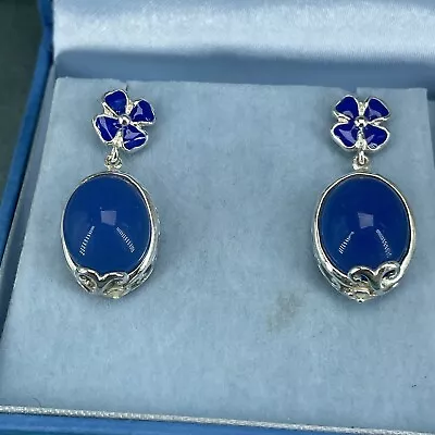 QVC Sterling Silver Earrings Blue Agate Oval Floral Enamel Chateau D'Argent • £30