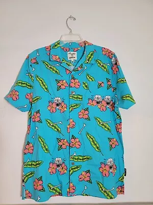 Mambo Smart Arts Blue Tropical Button Up Shirt Mens L Short Sleeve Skulls Bones • $35