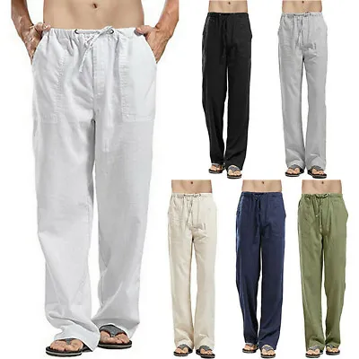 Mens Casual Linen Baggy Pants Summer Elastic Waist Loose Soft Cotton Trousers UK • £11.39