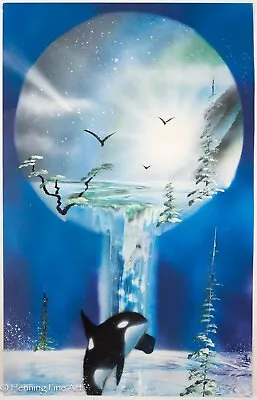 Vintage Airbrush Painting Of Killer Whale And Waterfall Illegibly Signed • $225