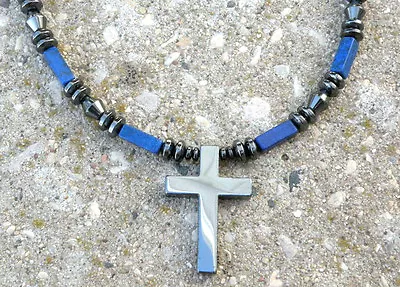 Mens Womens Holy 2 Sided Cross Pendant Lapis Hematite Magnetic Necklace Therapy • $48.99