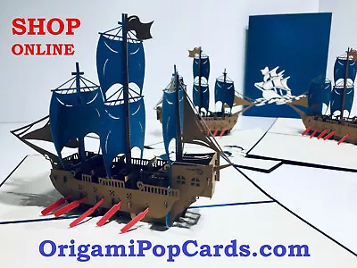 Origami Pop Cards Royal Blue Viking Ship 3D Pop Up Greeting Card Birthday Blank  • $12.84