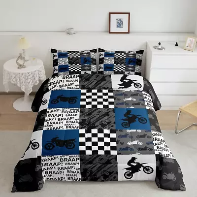 Dirt Bike Comforter Set Twin Size Black Grey Blue Motocross Rider Bedding Set K • $109.21