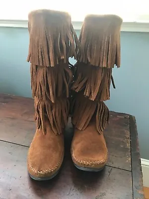 Minnie Tonka Women Brown Suede Fringe Tall Flat Hand Made Boots Size 8 • $35