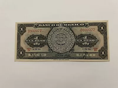 Mexican Bank Note: El Banco De Mexico S.A. 1954 1 Pesos Serie EK No. D932377 • $3.25