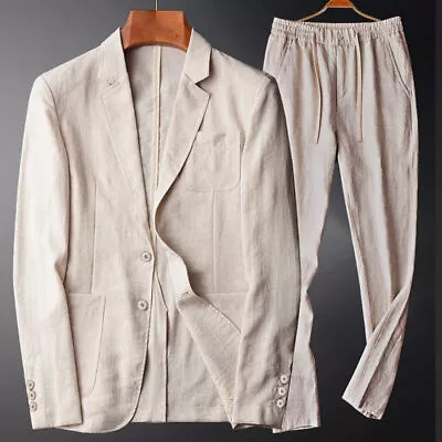 2PCS Suit Men Lightweight Slim Fit Cotton Linen British Single Western Trousers • $102.06