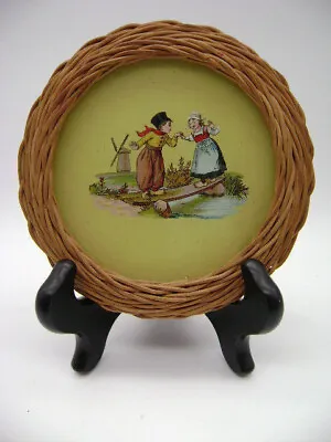 Vintage Round Wicker Picture Frame Holland Dutch Boy & Girl Wind Mill Wood • $8.99