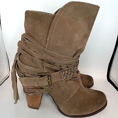 Naughty Monkey Ankle Boot Womens 9.5 Taupe Suede Western Fringe 4 H Heel Bootie • £29.91