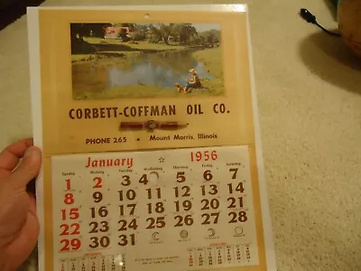 Vintage 1956 Calendar Mount Morris Illinois Corbett Coffman Oil Co Boy Fishing • $39.99