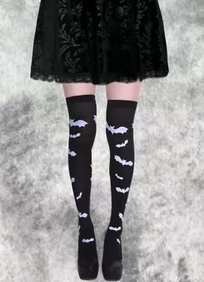 New 2 Pairs Gothic White Bat Print Black Thigh High Stockings Hold Ups Halloween • $25.25