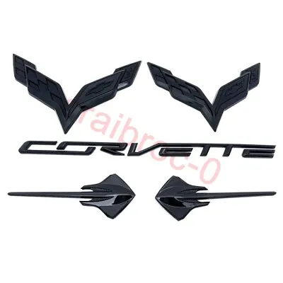 5PC Gloss Black Front Rear Stingray Cross Flags Emblem Kit 2014-2019 Corvette C7 • $59.85