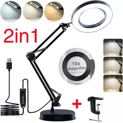 10 X Magnifier Foldable Glass LED Desk Lamp Light Stand Clamp Beauty Magnifying • £19.99