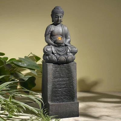 $286.42 • Buy Luxenhome Resin Meditating Buddha On Column Patio Fountain With LED Lights, Zen 