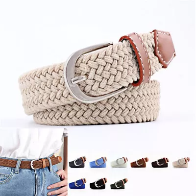 Unisex Elasticated Fabric Woven Braided Stretch Belt Leather Buckle Waistband. • £2.22