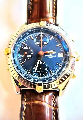 Breitling 1884 Chronograph Blue Face Stainless Gold Automatic Wristwatch • $1725