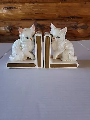 VTG 1960s Cat Bookends White Persian Fluffy Kitty Lefton Japan Ceramic Book Ends • $24.99