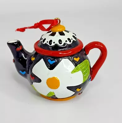 Mary Engelbreit Teapot Ornament Black With Large White Flower Red Handle Resin • $9.99