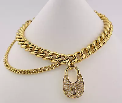 Michael Kors Curb Link Gold Tone Rhinestone Lock Pendant Charm Bracelet Classic • $24.96