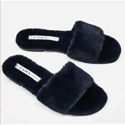 Zara Navy Blue Faux Fur Slipper Sandals Size 36 • $46.99