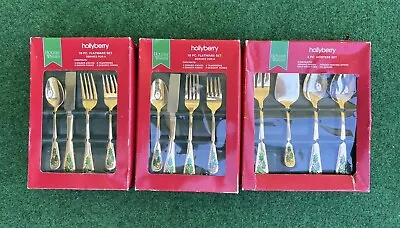 Vintage Holiday Wishes Hollyberry Gold Toned Flatware 36 Pieces *NEW NEVER USED* • $149.99