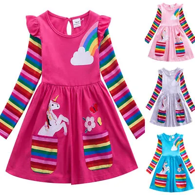 Kids Girls Rainbow Unicorn Dress Long Sleeve Princess Dress Xmas Party Clothes • £7.39