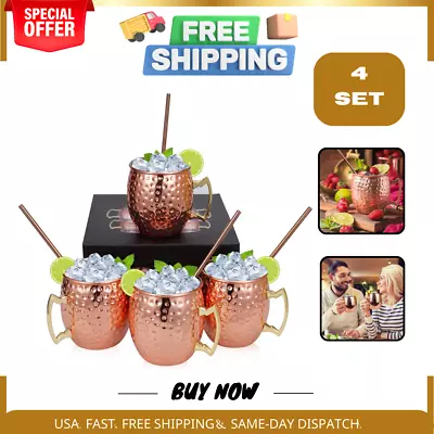 Set Of 4 Copper Hammered Moscow Mule Mugs Drinking Cup With 4 Copper Straws Grea • $28.62