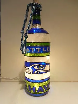 $54.95 • Buy Seattle Seahawks Inspired Bottle Lamp Hand Painted Stained Glass Look Lighted