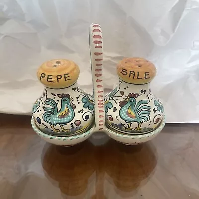 Deruta Italian Hand-Painted Pottery Salt & Pepper Shakers With Carrier EUC • $18.99