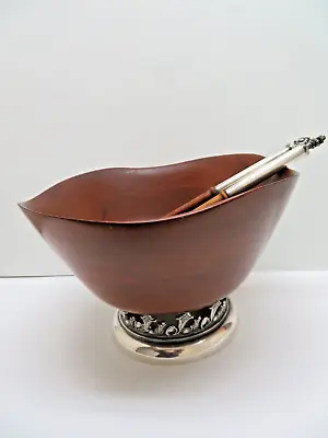 Large Mahogany Wood Salad Bowl On Silver Plate Base W/ Silver Plate Servers • $42.72