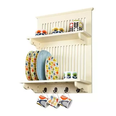 Aston Kitchen PLATE RACK With Shelf Buttermilk Cream  Wood Wall Mounted • £47.94