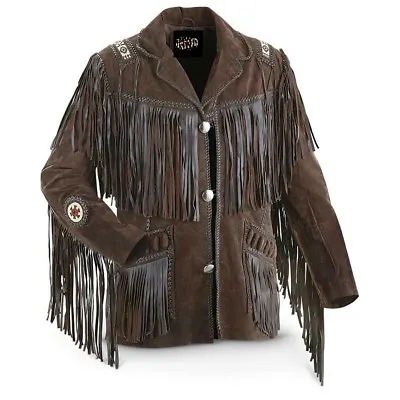 Men's Traditional Western Cowboy Leather Jacket Coat With Fringe Bones And Beads • $119.99