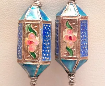Vintage Blue Enamel Chinese Lantern Earrings Multi Chain Tassel Sterling Hooks • $22