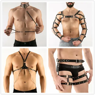 Male BDSM Leather Harness Garter Belt Body Bondage Adjustable Gay Erotic Cosplay • £9.26