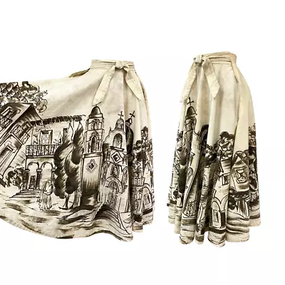 Vtg 50s 1950s Hand Painted City Scene Mid Century Mexican Souvenir Wrap Skirt • $376.89