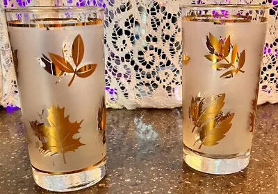 Vtg 1960s Drinking Glasses 2  Hollywood Regency Frosted Gold Leaf Libbey StarLyt • $19.99